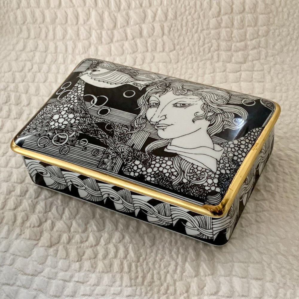 Vintage 80s Hollohaza Szasz Endre Porcelain Lidded Box Trinket 21K Gold Plated - Picture 1 of 13